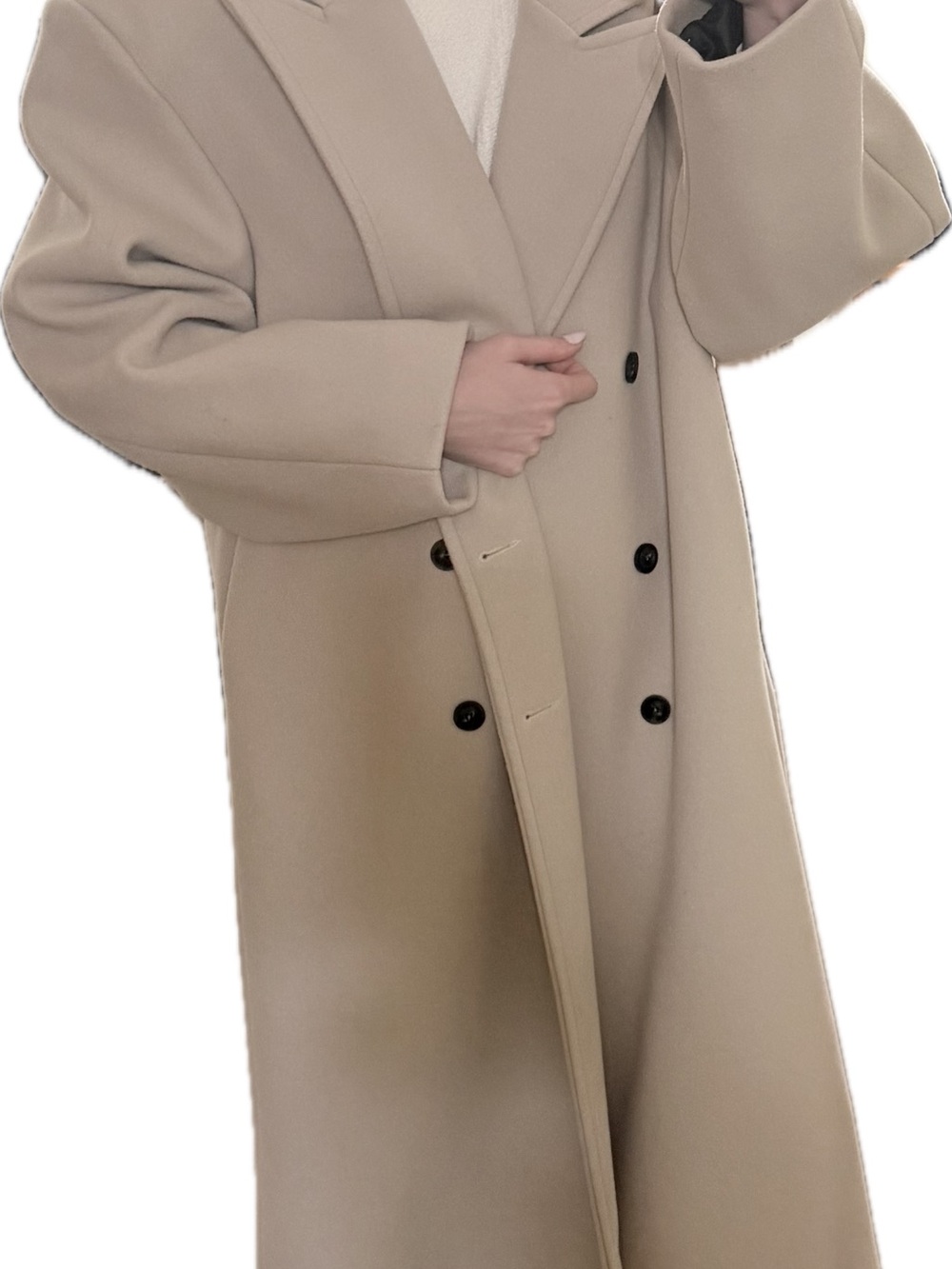 Source Unknown Beige Double-Breasted Long Coat with Black Buttons